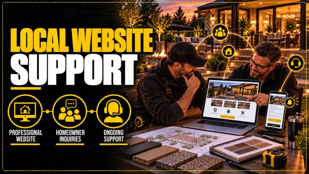 Deck contractor partner benefits infographic about Local Website Support, showing brand, website, lead, call tracking, content, and territory support