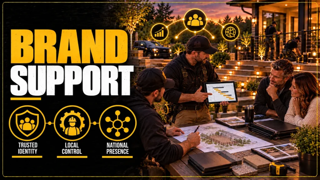 Deck contractor partner benefits infographic about Brand Support, showing brand, website, lead, call tracking, content, and territory support