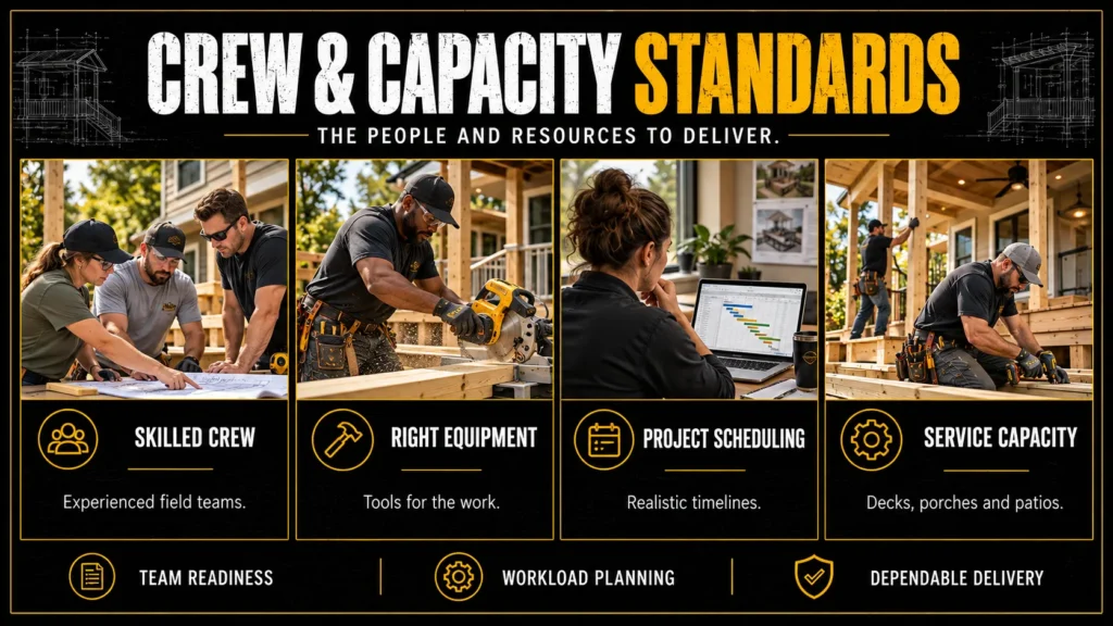 Deck contractor partner requirements infographic about Crew and Capacity Standards