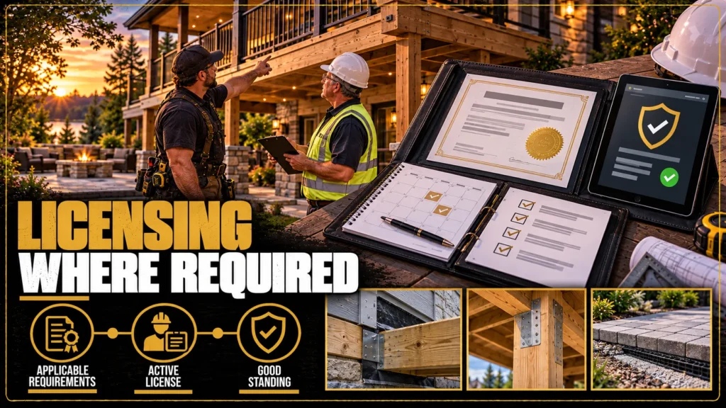 Deck contractor partner requirements infographic about Licensing Where Required
