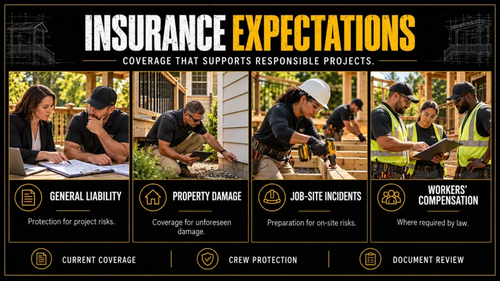 Deck contractor partner requirements infographic about Insurance Expectations