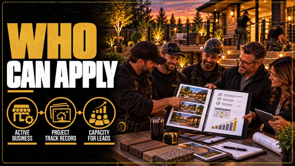 Deck contractor partner requirements infographic about Who Can Apply, showing contractor experience, licensing, insurance, crews, and service standards