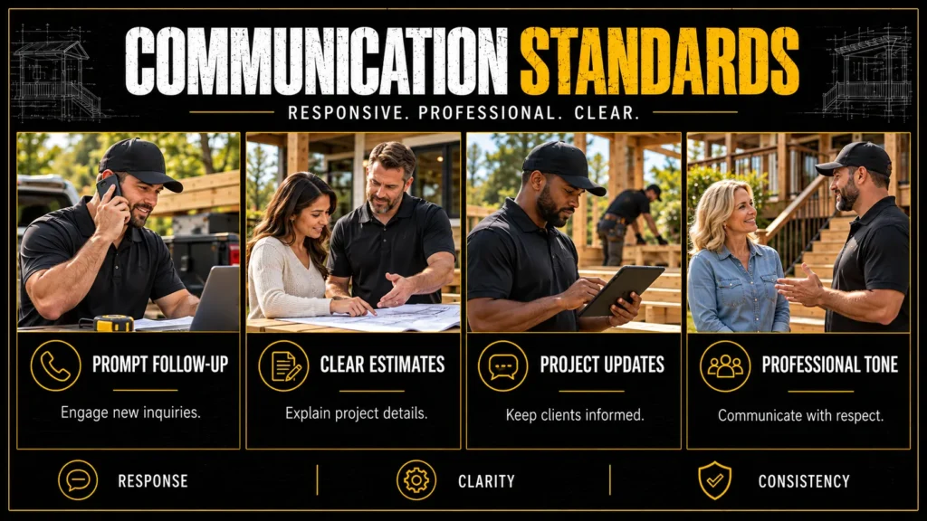 Deck contractor partner requirements infographic about Communication Standards