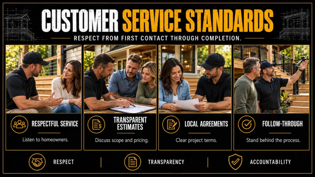 Deck contractor partner requirements infographic about Customer Service Standards
