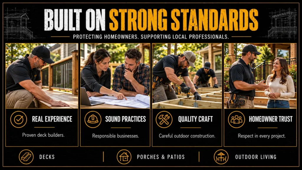 Deck contractor partner requirements summary infographic showing contractor experience, licensing, insurance, crews, and service standards