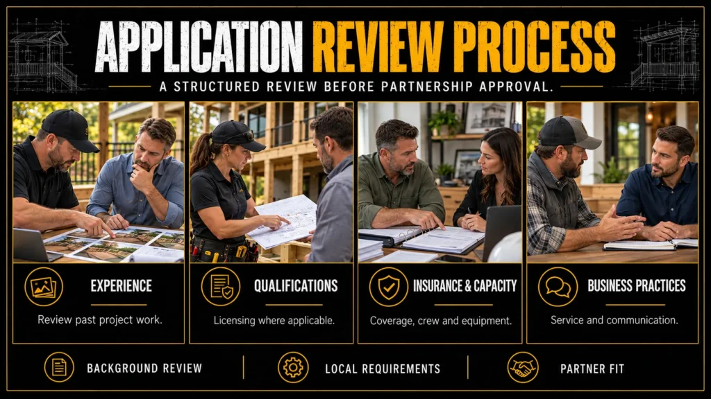 Deck contractor partner requirements infographic about Application Review Process