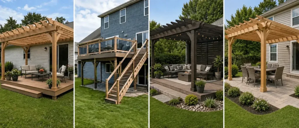 Collage of pergola, raised deck, paver patio, and covered patio designs