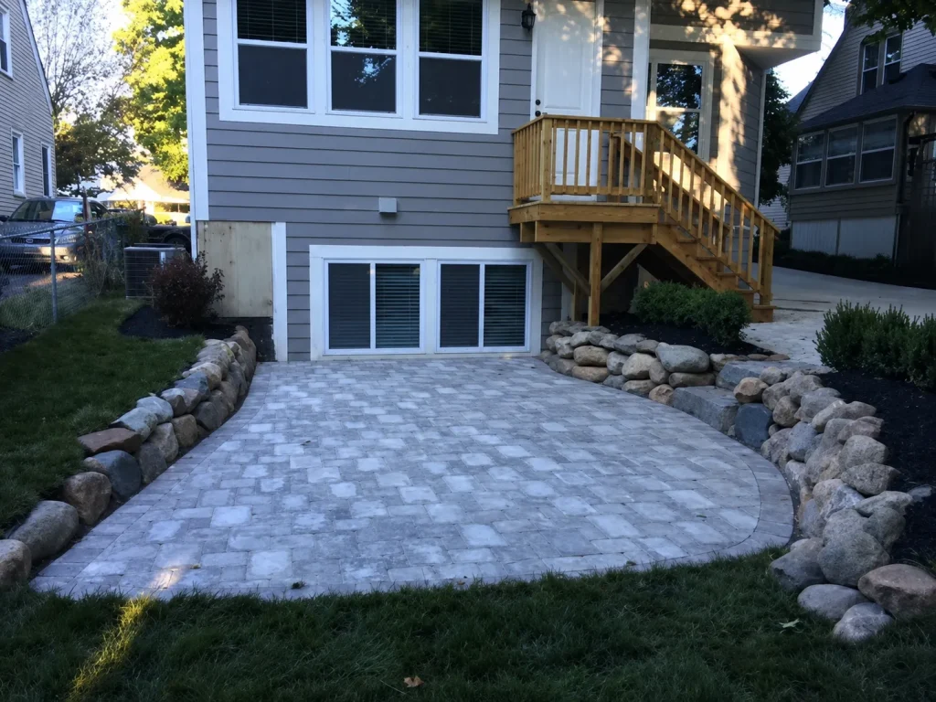 Gray paver patio installed below a small raised deck and wood staircase