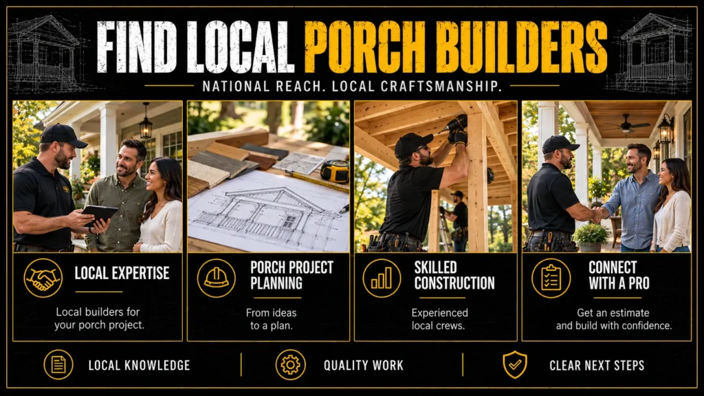 Porch builders infographic about Find Local Porch Builders Through Tuff Deck Builders, showing front, back, covered, and screened porch construction