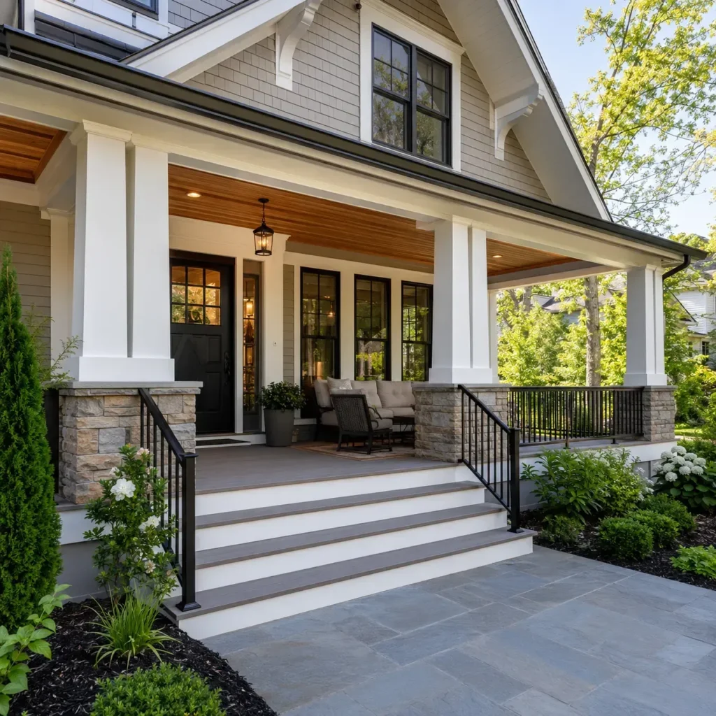 Custom front porch with white columns, black railings, and wide gray steps