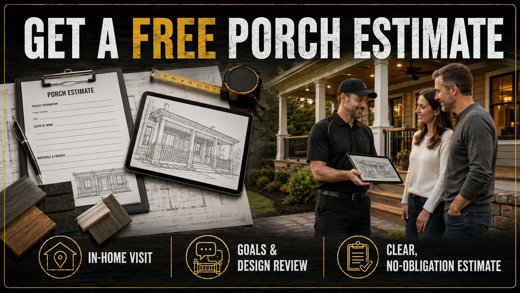 Porch builders infographic about Porch Builders Cost and Project Planning, showing front, back, covered, and screened porch construction