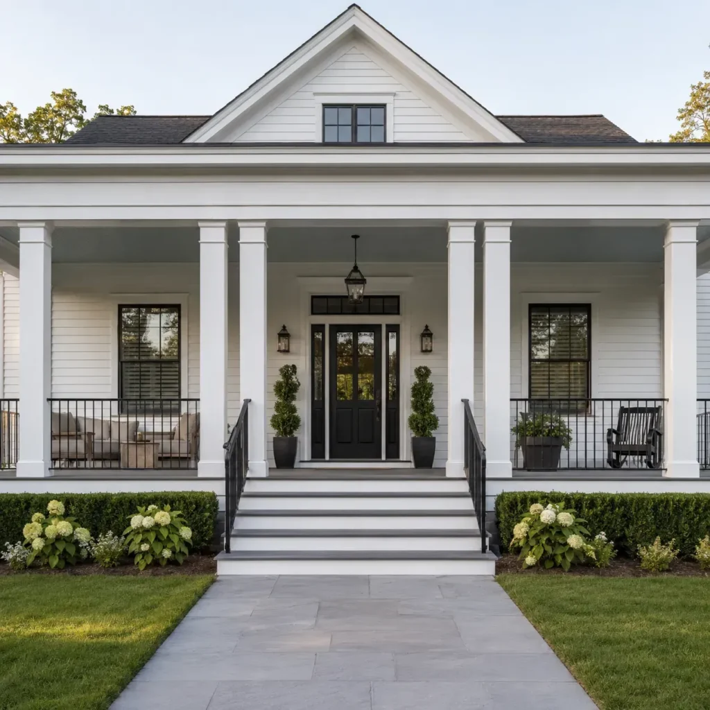 White farmhouse front porch with columns, gray steps, and black rocking chairs