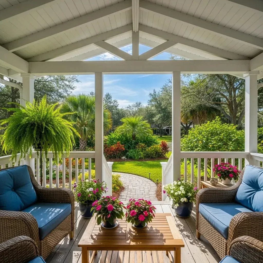 Covered back porch with blue seating, white railings, plants, and a vaulted roof