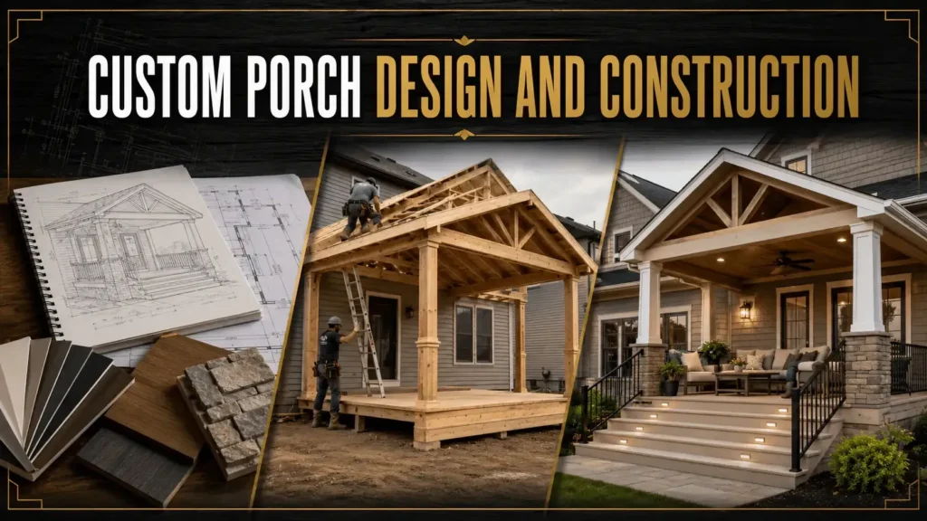 Porch builders infographic about Screened Porch Builders for Enclosed Outdoor Living, showing front, back, covered, and screened porch construction