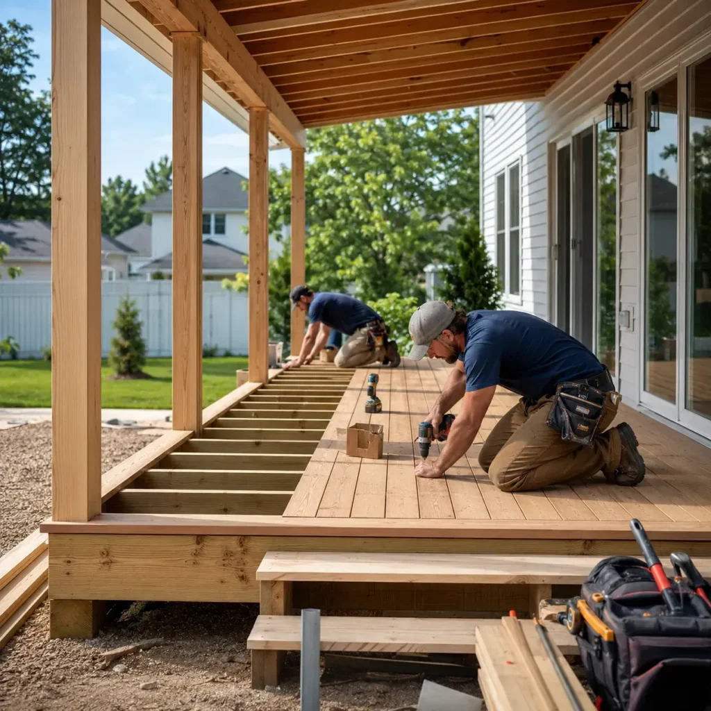 Porch builders framing a covered raised porch beside a home