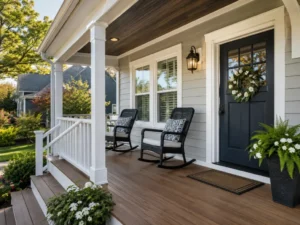 Covered front porch with white columns, white railings, brown flooring, and rocking chairs