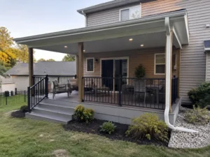 Covered backyard porch with gray composite decking, dark railings, and a roof