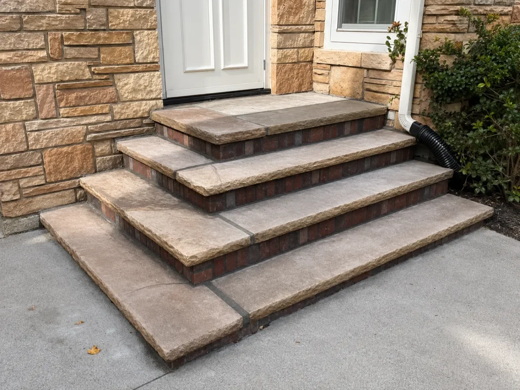 Wide stone front porch steps leading to the entrance of a stone-faced home