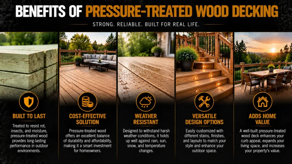Pressure-treated wood decking infographic about Benefits and Tradeoffs of Pressure-Treated Decking
