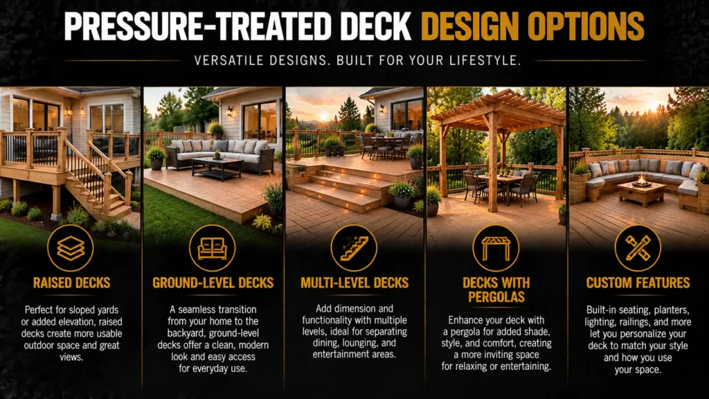 Pressure-treated wood decking infographic about Pressure-Treated Wood Deck Design Options, showing treated lumber, deck designs, and installation details