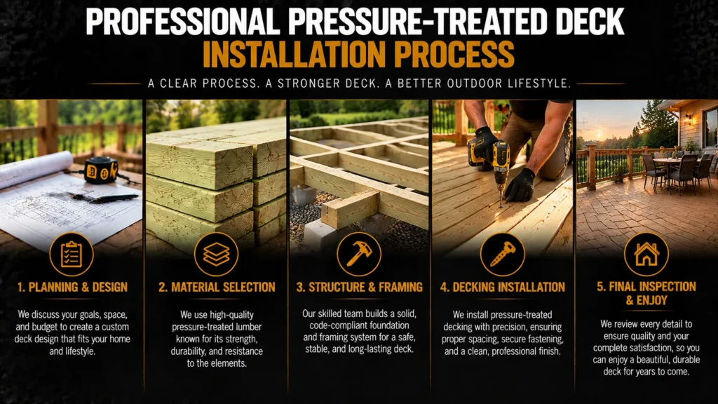 Pressure-treated wood decking infographic about Our Pressure-Treated Wood Deck Installation Process