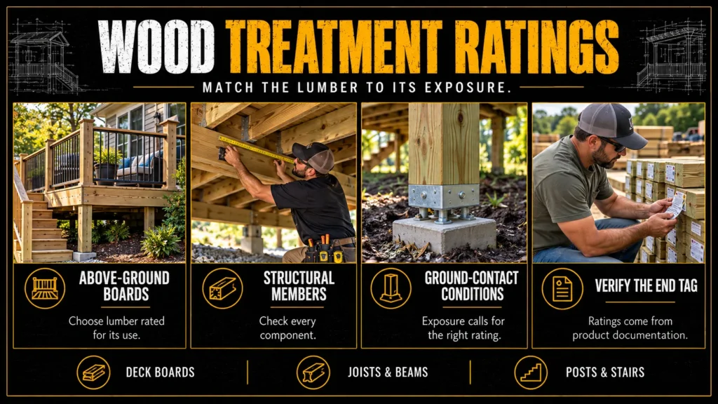 Pressure-treated wood decking infographic about Above-Ground and Ground-Contact Treatment Ratings