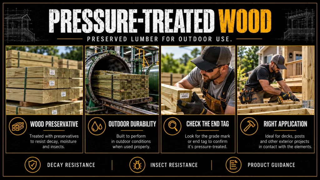 Pressure-treated wood decking infographic about What Is Pressure-Treated Wood, showing treated lumber, deck designs, and installation details