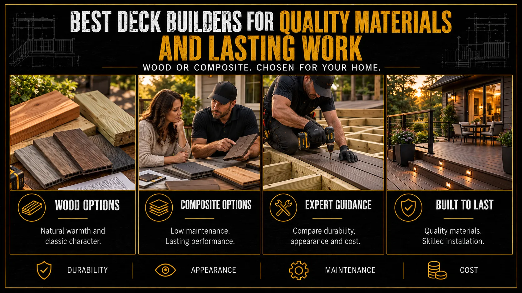 Deck builder infographic comparing wood, composite, expert guidance, and lasting construction