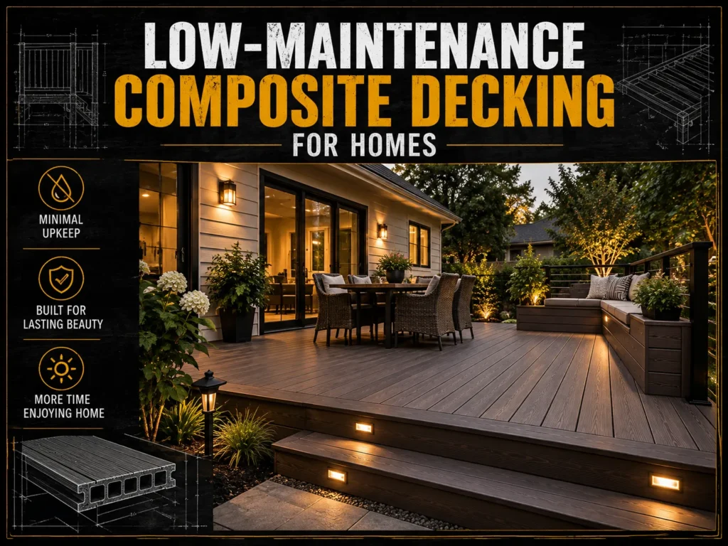 Trex composite decking infographic about Professional Trex Deck Builders, showing deck board samples, finished decks, benefits, and installation steps
