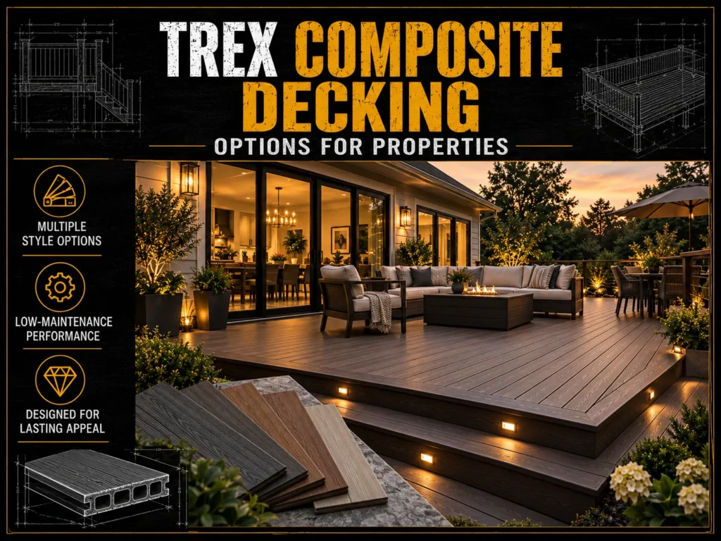 Trex composite decking infographic about What Is Trex Composite Decking, showing deck board samples, finished decks, benefits, and installation steps