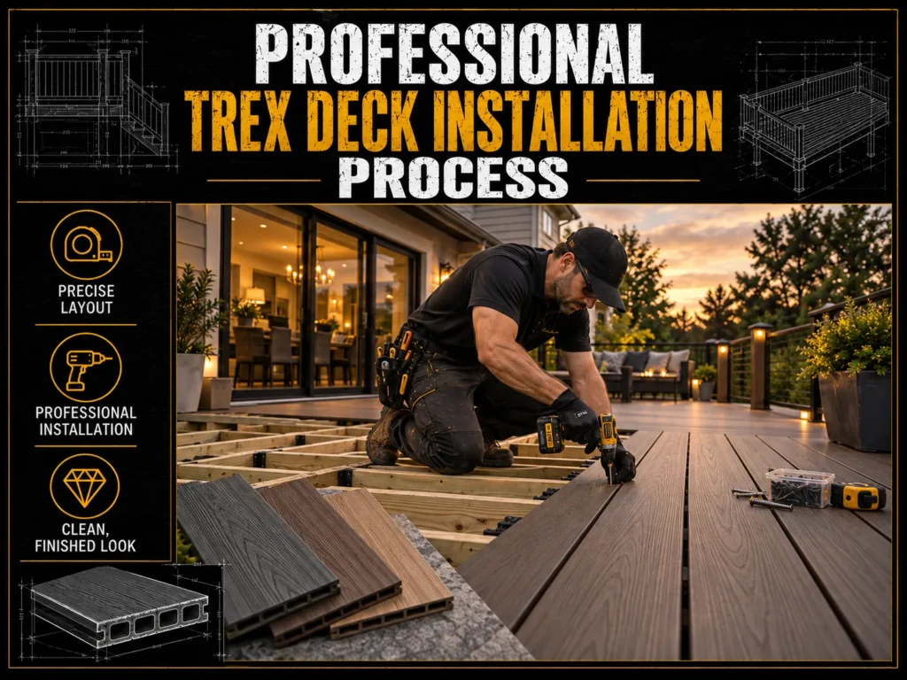 Trex composite decking infographic about Our Trex Deck Installation Process, showing deck board samples, finished decks, benefits, and installation steps