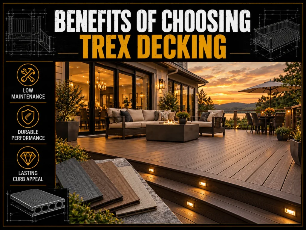 Trex composite decking infographic about Benefits of Trex Composite Decking, showing deck board samples, finished decks, benefits, and installation steps