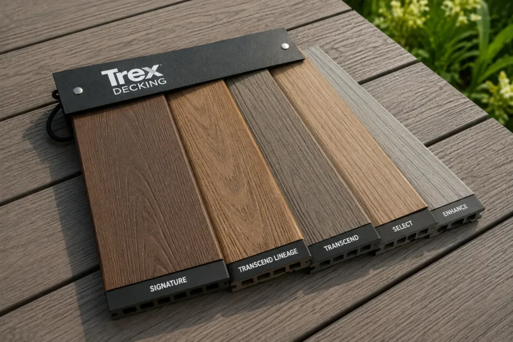 Trex composite decking sample boards showing several colors and wood-grain finishes
