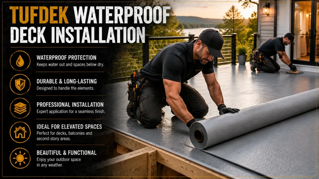 Tufdek waterproof decking infographic about Tufdek Waterproof Decking, showing vinyl membranes, finished surfaces, and installation details