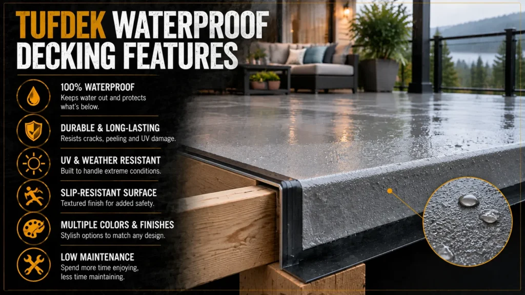 Tufdek waterproof decking infographic about Tufdek Decking Services, showing vinyl membranes, finished surfaces, and installation details