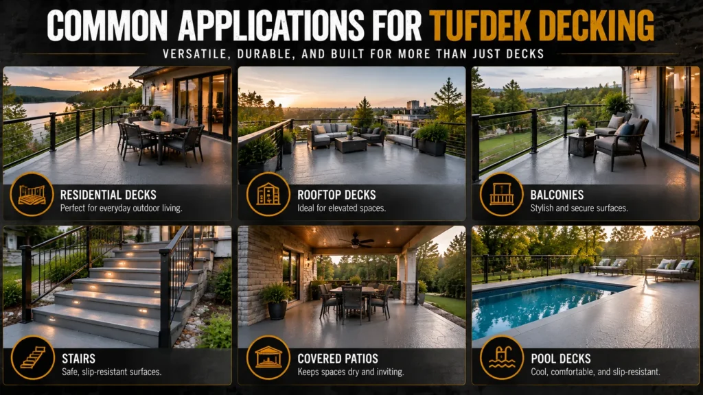 Tufdek waterproof decking infographic about Tufdek Applications, showing vinyl membranes, finished surfaces, and installation details