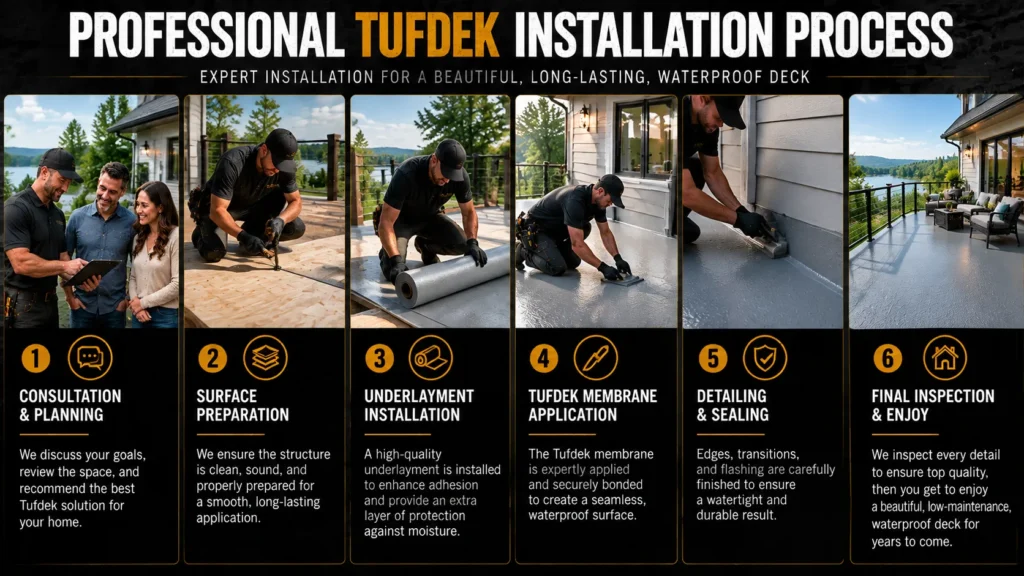 Tufdek waterproof decking infographic about Our Waterproof Deck Process, showing vinyl membranes, finished surfaces, and installation details