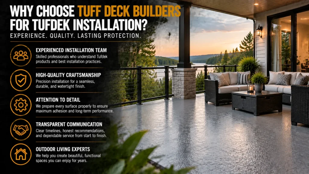 Tufdek waterproof decking infographic about Discuss Your Waterproof Deck Project, showing vinyl membranes, finished surfaces, and installation details