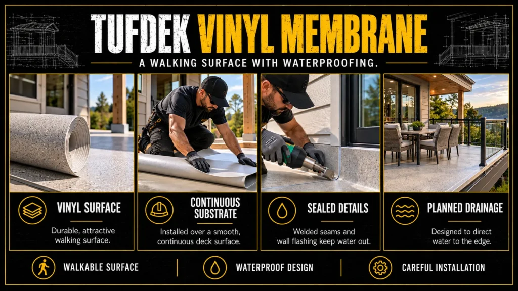 Tufdek waterproof decking infographic about What Is a Tufdek Vinyl Deck Membrane, showing vinyl membranes, finished surfaces, and installation details