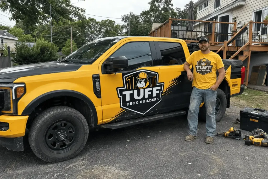 Deck builder beside a yellow Tuff Deck Builders work truck at a residential deck project