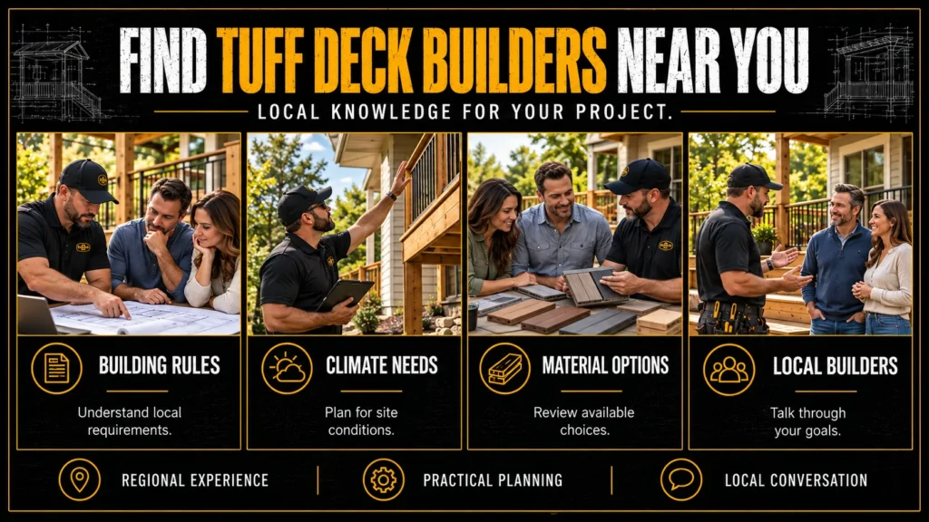 Tuff Deck Builders locations infographic about Find Tuff Deck Builders Near Your Area, showing local contractors, homeowners, and project planning scenes