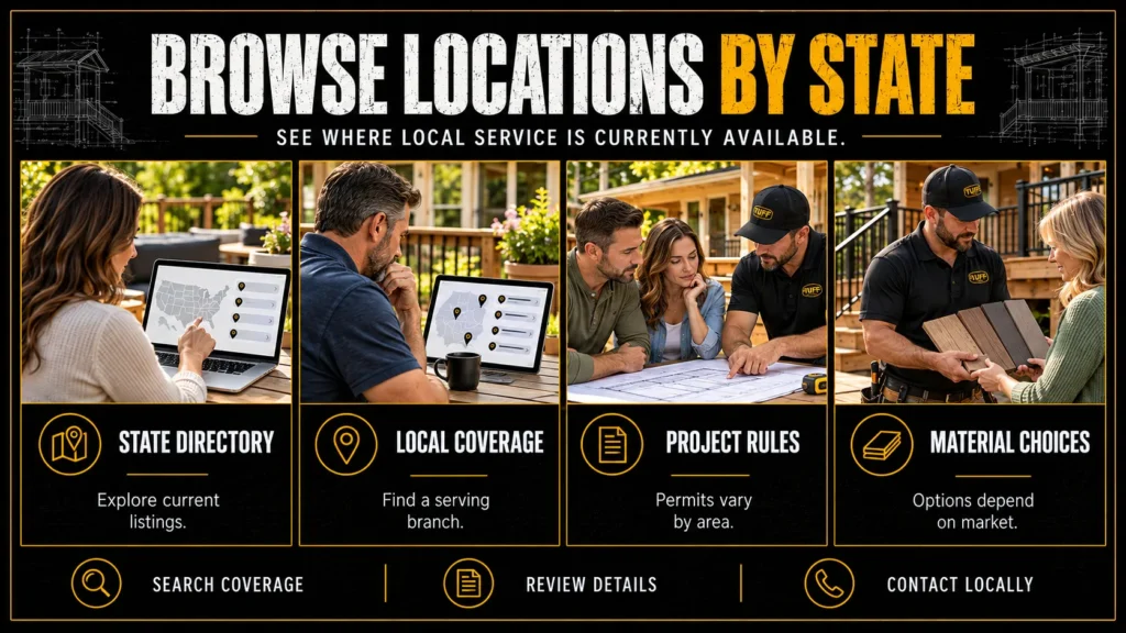 Tuff Deck Builders locations infographic about Browse Locations by State, showing local contractors, homeowners, and project planning scenes