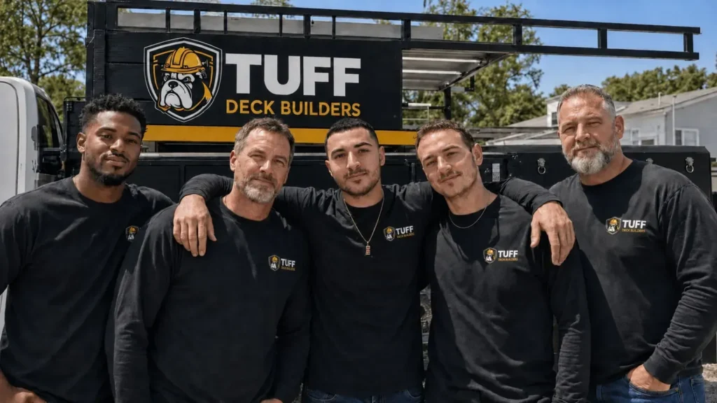 Five Tuff Deck Builders contractors standing together in front of a branded work trailer