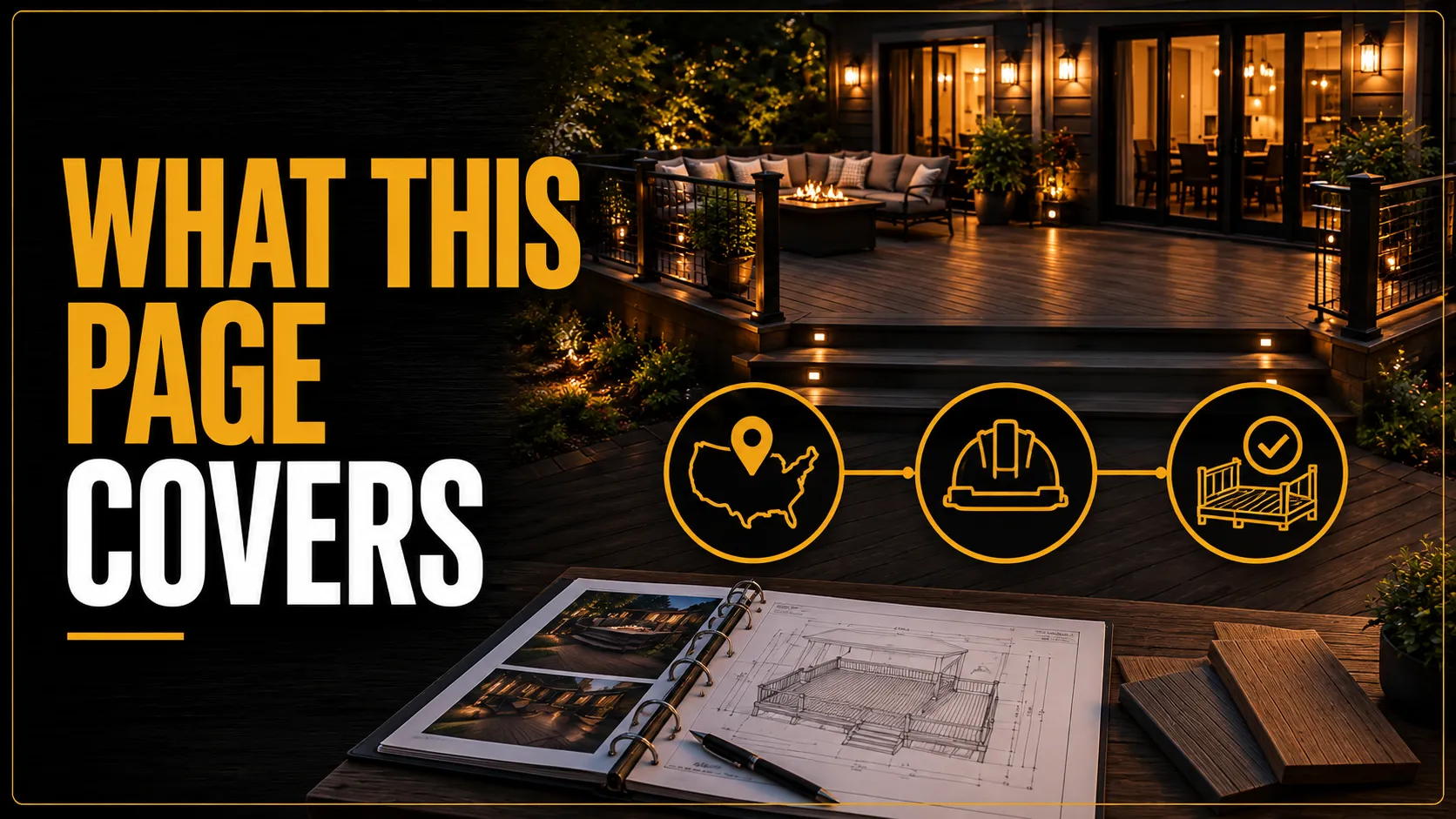 Tuff Deck Builders overview graphic with deck plans, service icons, and an illuminated outdoor living space