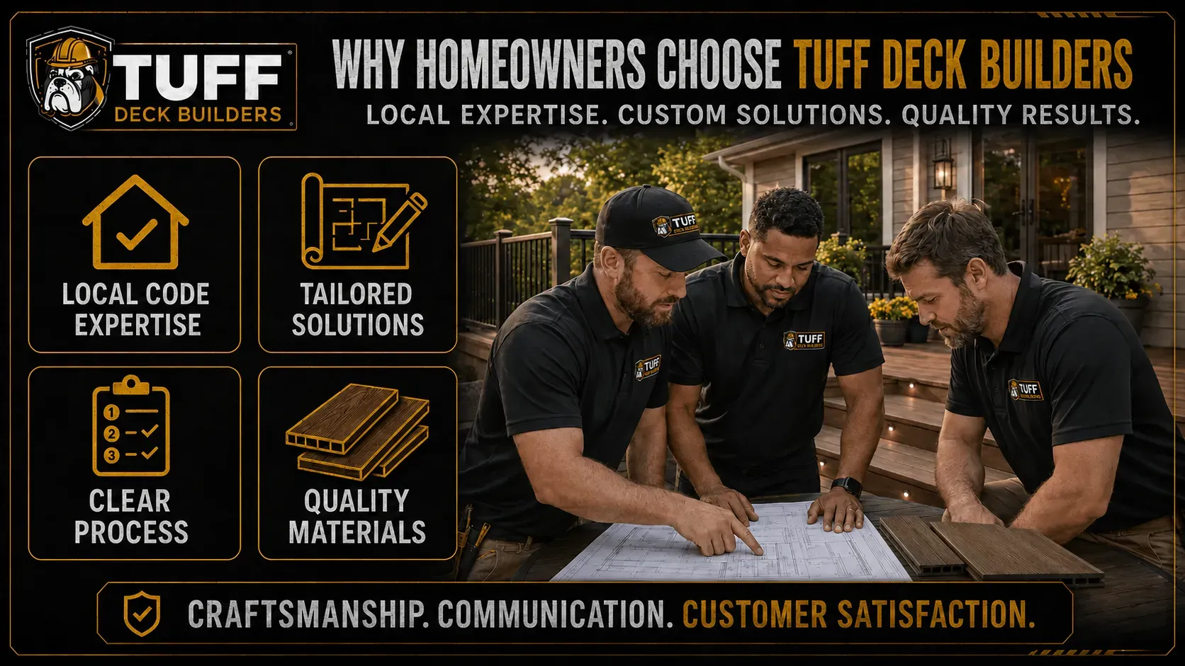 Tuff Deck Builders infographic highlighting local expertise, custom solutions, and quality materials