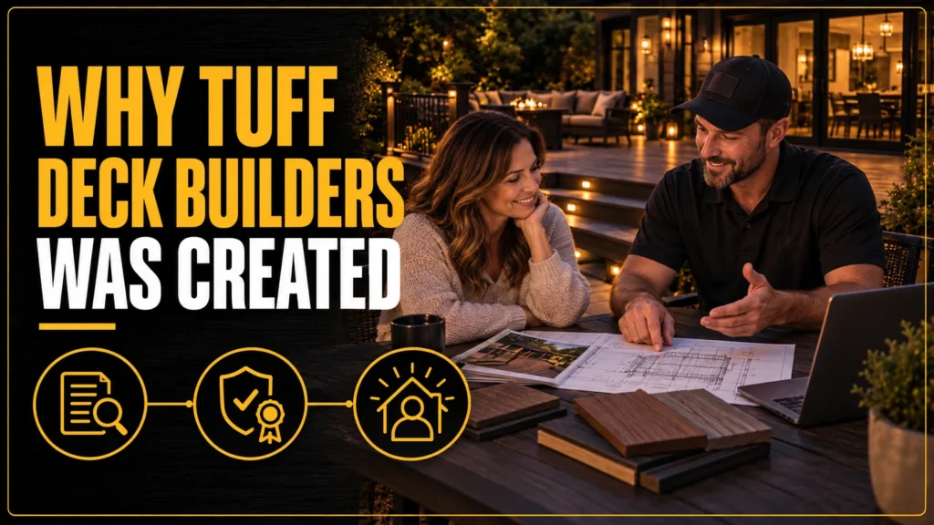 Homeowner and contractor reviewing deck plans to explain why Tuff Deck Builders was created