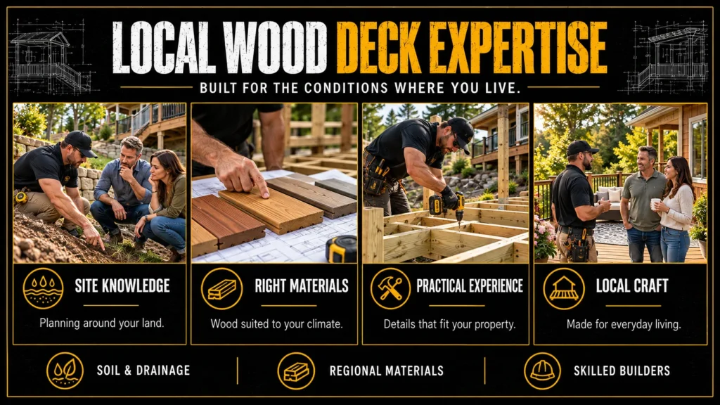 Wood deck builders infographic about Local Wood Deck Builders Bring Knowledge of Your Area, showing wood decks, framing, and contractor construction scenes