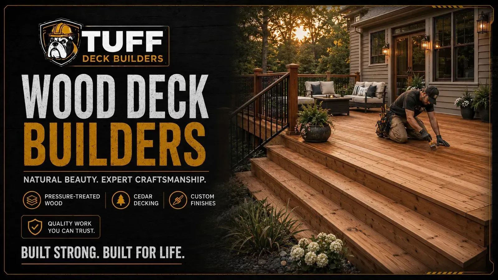Wood deck builders infographic about What This Page Covers About Wood Deck Builders, showing wood decks, framing, and contractor construction scenes