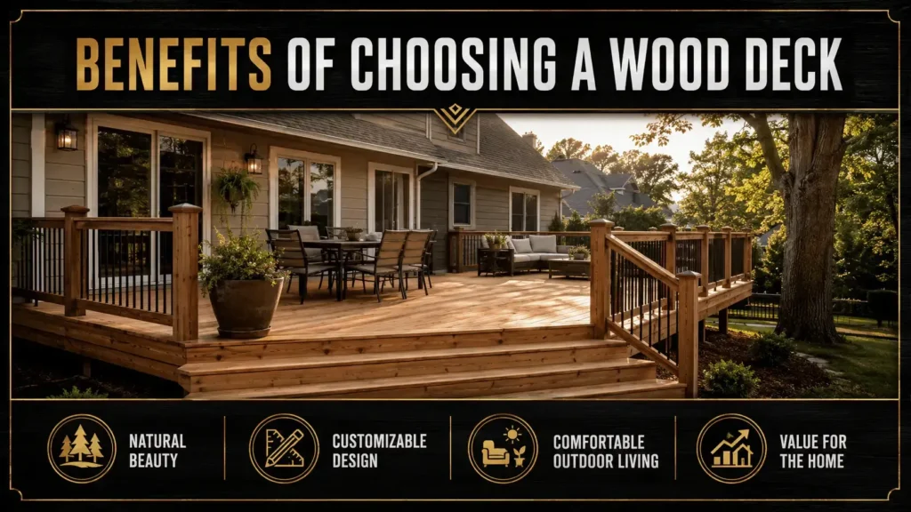 Wood deck builders infographic about Wood Deck Builders Offer a Timeless, Natural Look, showing wood decks, framing, and contractor construction scenes