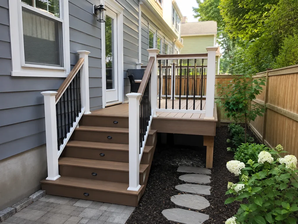 Small brown deck landing and stairs with white posts and black balusters